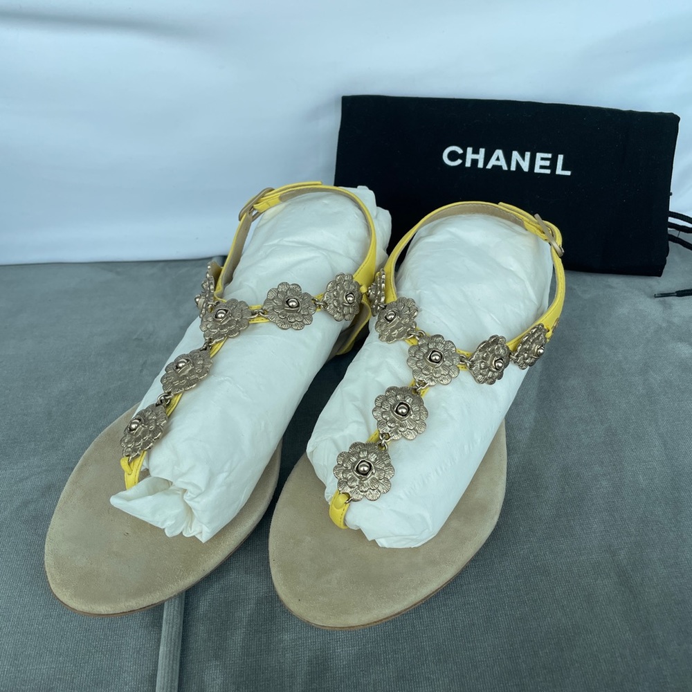 Chanel Beige and Yellow Thong Sandals with Camellia Accents